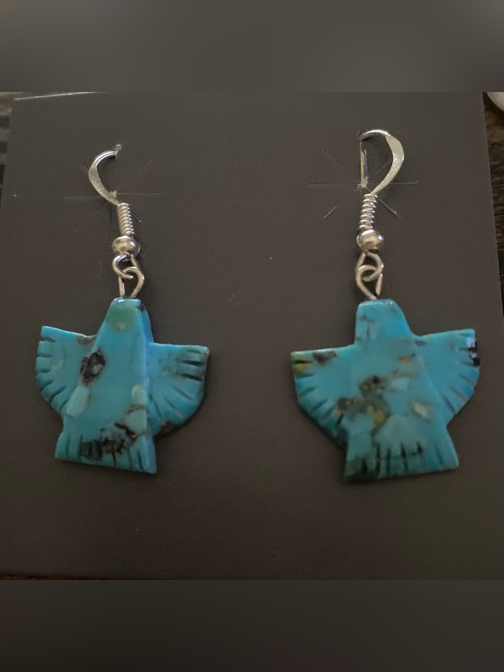 Navajo, Chris McCabe Turquoise Thunderbird Drop Earrings with Sterling hooks